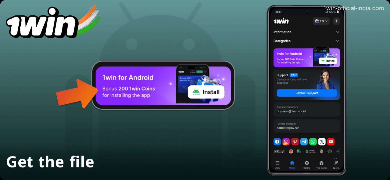 Click on the Android icon at the bottom of the 1Win website in India