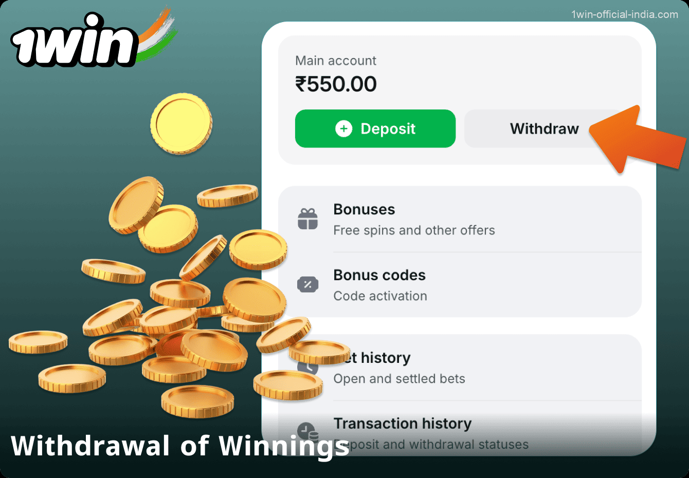 Withdrawing bonus winnings on the 1Win website in India